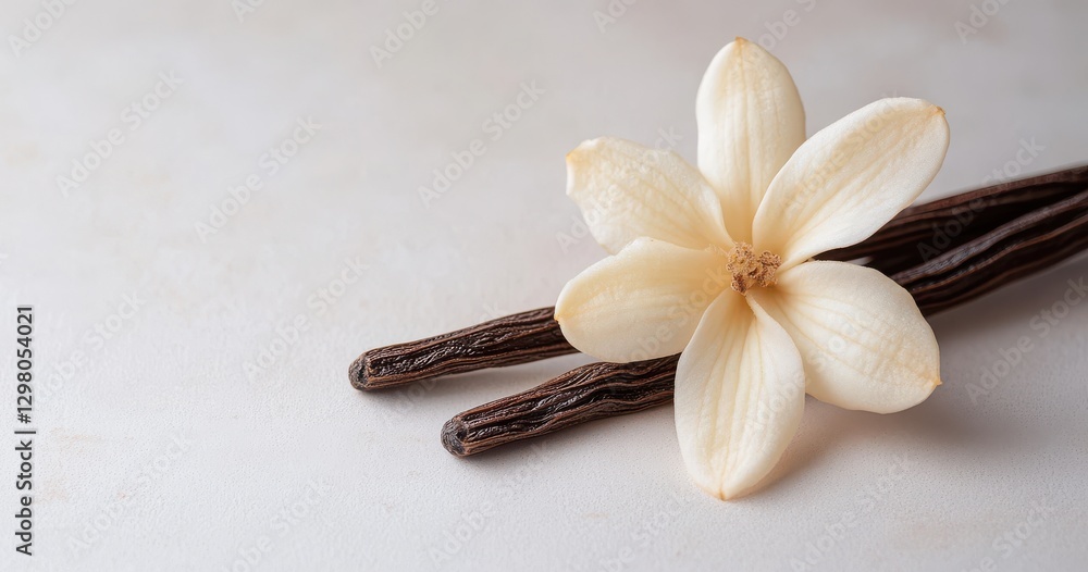 Naklejka premium Elegant Vanilla Flower and Beans on Soft Background Capturing Natural Beauty and Essence of Aromatic Flavors in Culinary Artistry