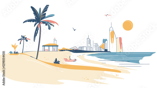 A stylized illustration depicting a tropical beach scene with palm trees in the foreground, a sandy shore, and a city skyline in the background. The style is minimalist with muted, pastel colors.