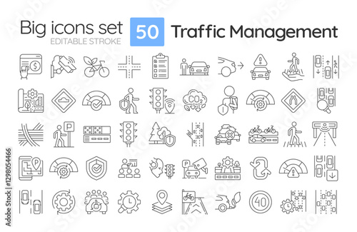 Traffic management linear icons set. Improve road capacity and safety. Effective transportation regulation. Customizable thin line symbols. Isolated vector outline illustrations. Editable stroke