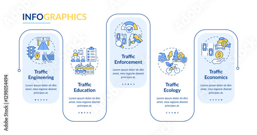Traffic management pillars rectangle infographic vector. Road system regulation. Safety technology. Data visualization with 5 steps. Editable rectangular options chart. Lato-Bold, Regular fonts used