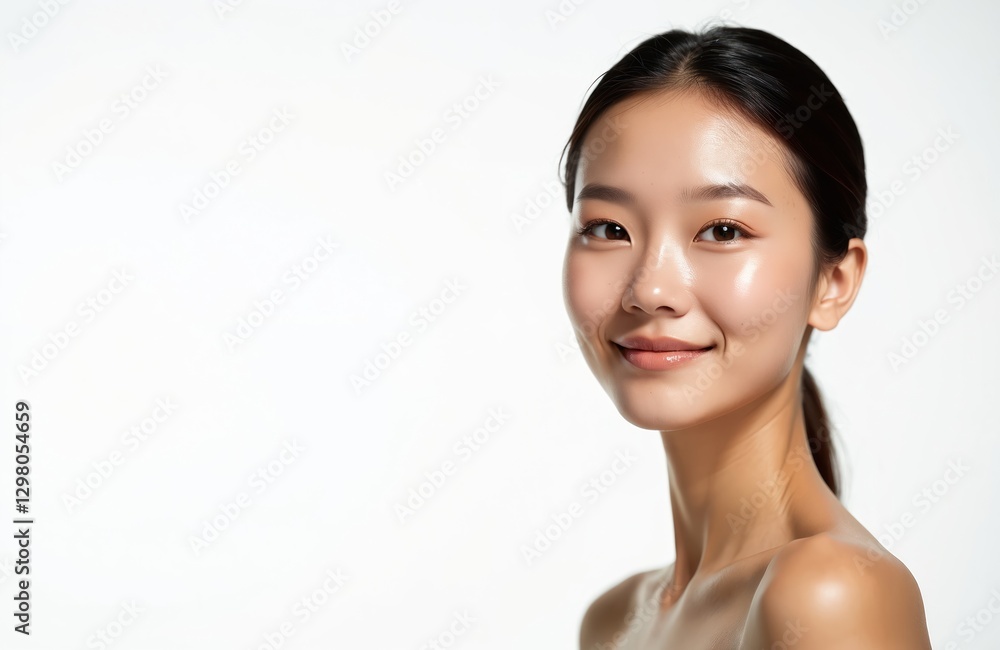 Close-up of beautiful young asian woman with clean fresh skin. Girl poses against white background. Face care treatment, cosmetology, beauty, spa, cosmetic surgery ad concept. Close-up of beautiful young asian woman with clean fresh skin. Girl poses against white background. Face care treatment, cosmetology, beauty, spa, cosmetic surgery ad concept.
