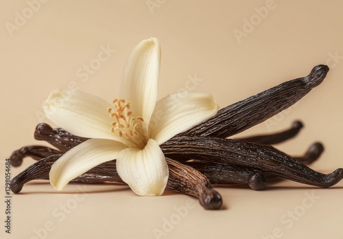 Elegant Vanilla Flower with Pods on Soft Beige Background, Perfect for Culinary, Beauty, or Aromatherapy Applications in Stock Photography