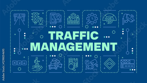 Traffic management dark blue word concept. System of transport regulation. Road capacity. Horizontal vector image. Headline text surrounded by editable outline icons. Hubot Sans font used