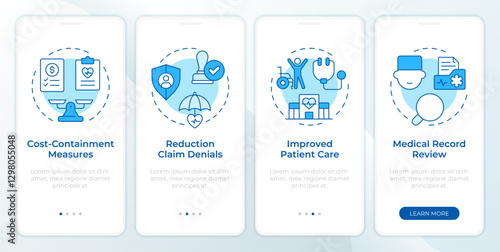Cons of utilization management blue onboarding mobile app screen. Walkthrough 4 steps editable graphic instructions with linear concepts. UI, UX, GUI template. Montserrat SemiBold, Regular fonts used