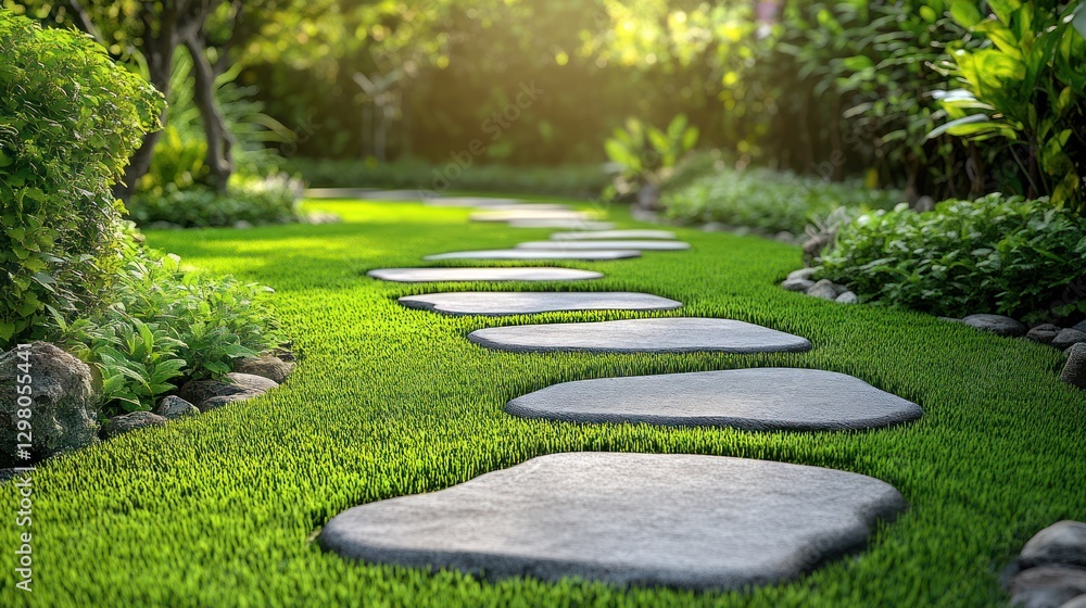 Obraz premium Serene garden path with stepping stones on lush green grass.