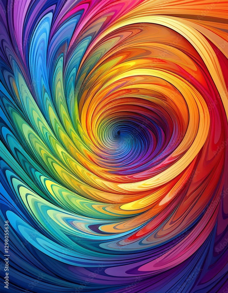 Fototapeta premium Psychedelic rainbow swirl: optical illusion effect, full of movement & energy. Vibrant & mesmerizing. Ideal for abstract backgrounds & dynamic design overlays.