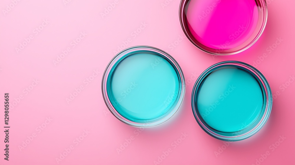 Three paint containers in vibrant blue and pink hues sit against a soft pink background, creating a visually appealing color contrast. Three paint containers in vibrant blue and pink hues sit against a soft pink background, creating a visually appealing color contrast.
