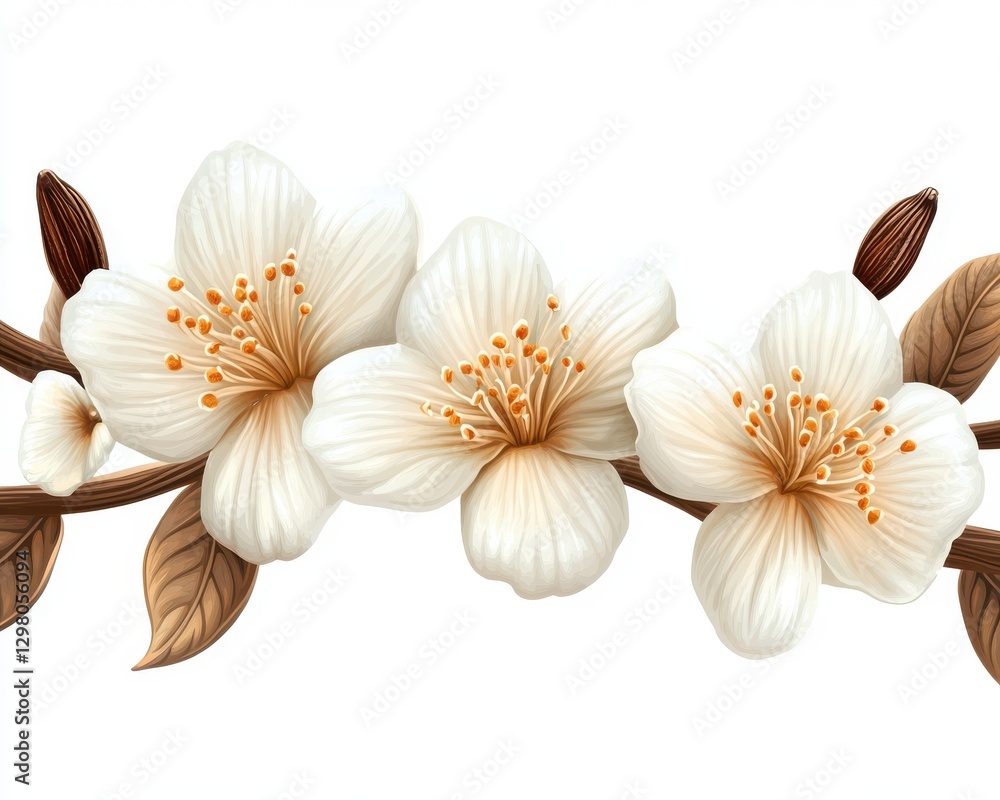 Fototapeta premium Elegant White Blossoms on Delicate Branch with Leaves Isolated on White Background for Artistic and Nature-Inspired Designs