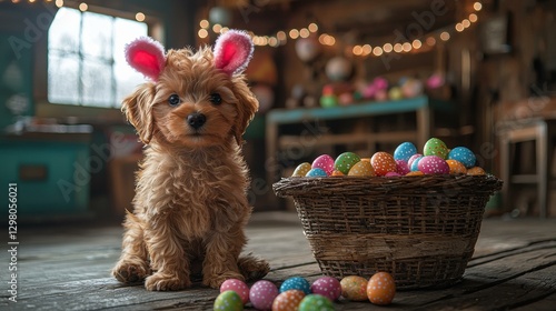 Cute puppy with Easter bunny ears. AI.