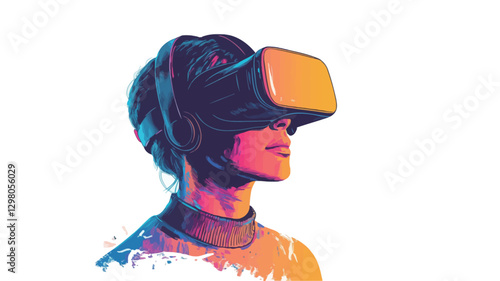 A stylized profile illustration of a person wearing a virtual reality headset. The illustration features vibrant, gradient colors in shades of orange, blue, and purple. The background is pure