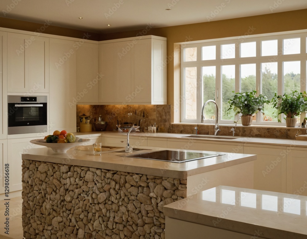 Fototapeta premium Light home kitchen interior with stone island, sink and cooking cabinet