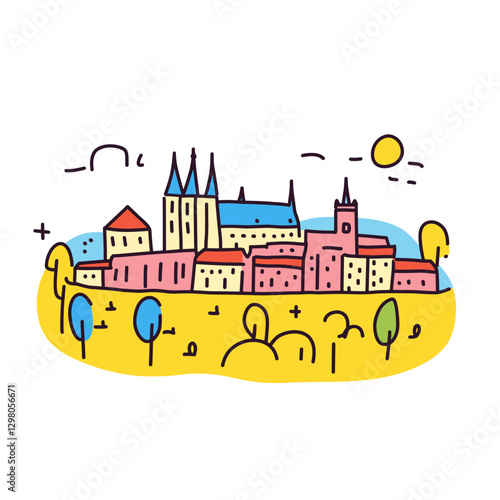 Sticker Prague Castle illustration in an doodle inca cartoon style