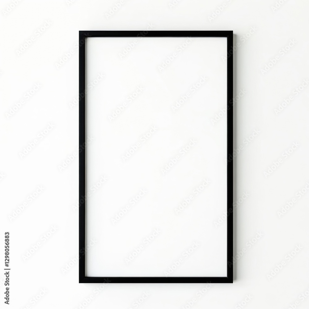 Simple black frame mock-up on white wall background. Minimalist design provides versatile template for displaying artwork, photos, posters in interior. Clean aesthetic suits various design projects Simple black frame mock-up on white wall background. Minimalist design provides versatile template for displaying artwork, photos, posters in interior. Clean aesthetic suits various design projects