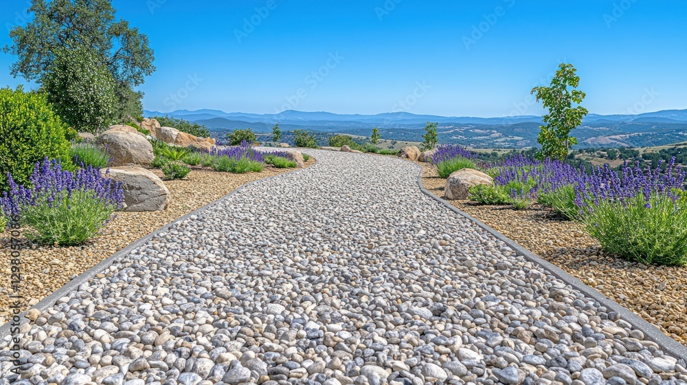 Winding stone path through lavender garden with mountain views Winding stone path through lavender garden with mountain views