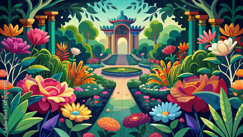 meticulously arranged of vibrant blooms, intricate dance of nature's design, and palpable aura of artistic purpose converge in this enchanting sanctuary of a garden