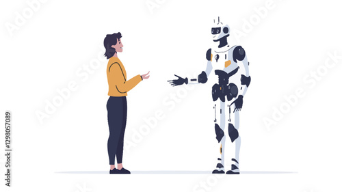 Illustration featuring a stylized female figure in casual attire and a humanoid robot. Both are depicted in profile view, facing each other and appearing to engage in a conversation or exchange.