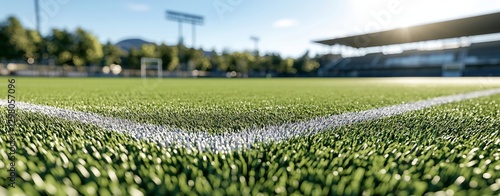Close-Up of Soccer Field Grass and Line with Stadium in Background