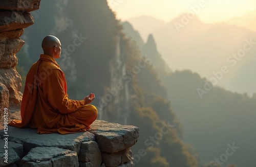 Monk meditates on mountain cliff, rear view. Bald buddhist in orange robe sits on stone edge against misty mountain landscape background. Serenity, mindfulness practice, spiritual lifestyle, buddhism