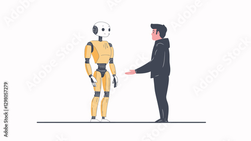 A digital illustration depicts a humanoid robot and a man facing each other, seemingly interacting or about to interact.  The robot is gold and white, with simplified, stylized features. The man is