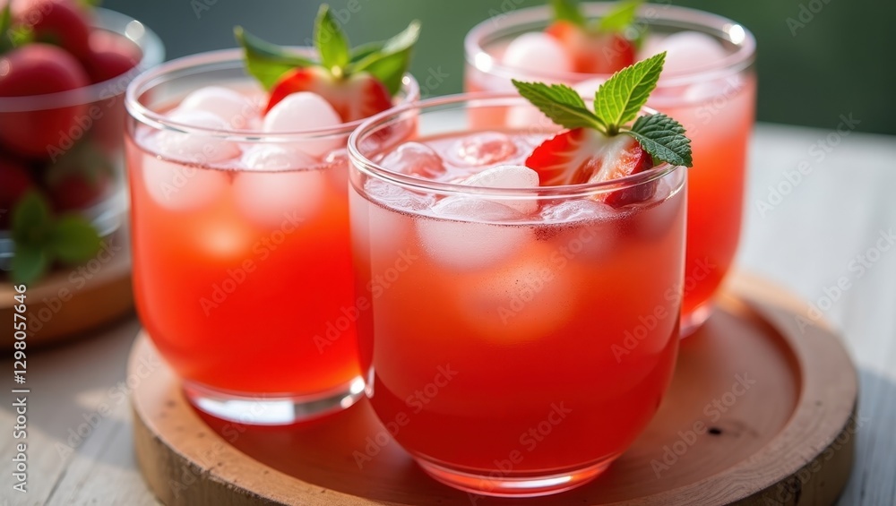 Hwachae. Drink is in glass with ice and strawberries Hwachae. Drink is in glass with ice and strawberries