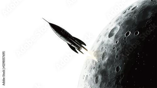 A grayscale illustration depicting a rocket in mid-launch, accelerating towards a partially visible moon. The rocket is sleek and stylized, with visible flames emanating from its base. The moon is