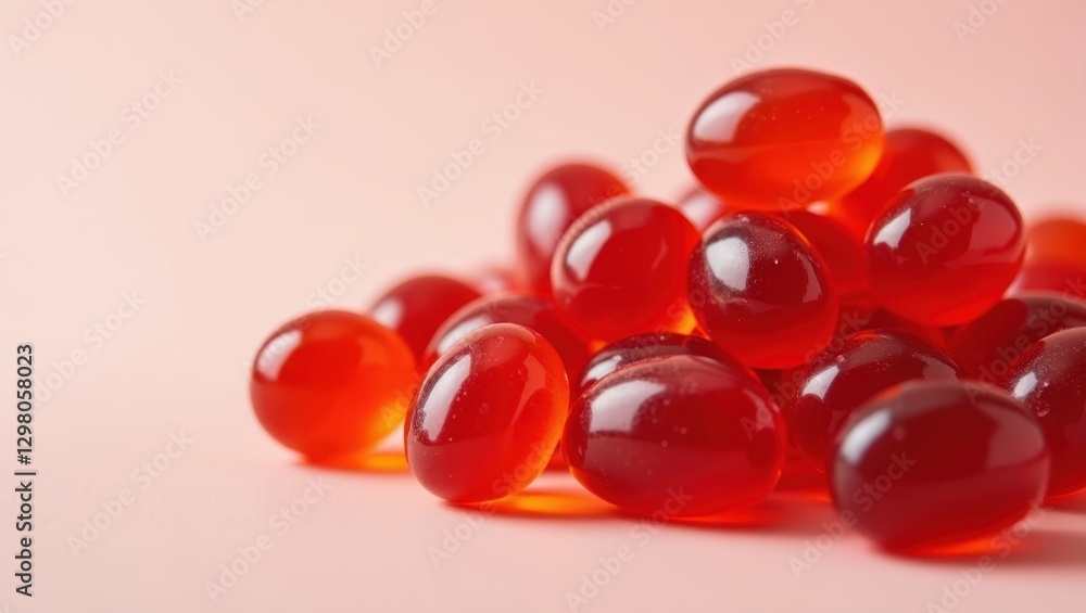 Immunity Gummies. Red gummy balls are sitting on white surface Immunity Gummies. Red gummy balls are sitting on white surface