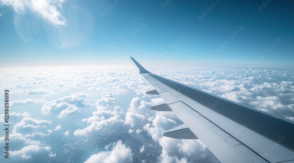 Airplane Wing Above a Sea of Clouds Under Bright Sunny Sky Airplane Wing Above a Sea of Clouds Under Bright Sunny Sky