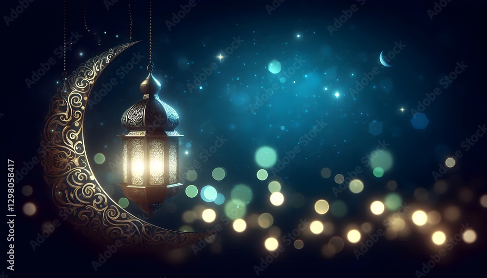 Obraz premium Elegant vintage Ramadan lantern glowing in dark night background symbolizing faith and spiritual atmosphere for Islamic festive concept