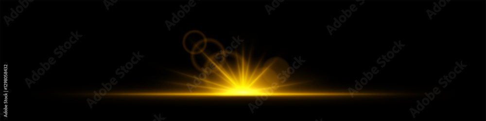 Fototapeta premium Glowing light burst on a dark background. Bright yellow energy explosion with radiant beams and bokeh effects. Abstract illumination with dynamic flare and glowing particles