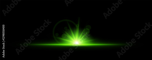 Glowing light burst on a dark background. Bright green energy explosion with radiant beams and bokeh effects. Abstract illumination with dynamic flare and glowing particles