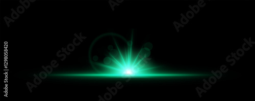 Glowing light burst on a dark background. Bright green energy explosion with radiant beams and bokeh effects. Abstract illumination with dynamic flare and glowing particles