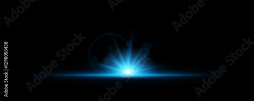 Glowing light burst on a dark background. Bright blue energy explosion with radiant beams and bokeh effects. Abstract illumination with dynamic flare and glowing particles