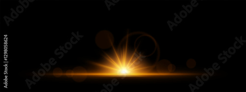 Glowing yellow light burst on a dark background. Bright neon explosion with radiant beams, circular bokeh, and energy flare. Abstract illumination with vibrant glow and futuristic effect.