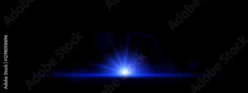 Glowing blue light burst on a dark background. Bright energy explosion with radiant beams, circular bokeh, and neon flare. Abstract illumination with futuristic glow and dynamic effect.