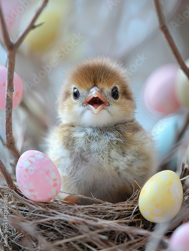 Little chick in a nest with eggs. AI.