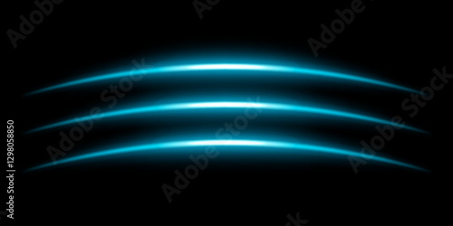 Abstract glowing blue light streaks dark background. Three curved energy lines with a bright neon effect create a futuristic and dynamic composition. Illumination with smooth gradients motion blur