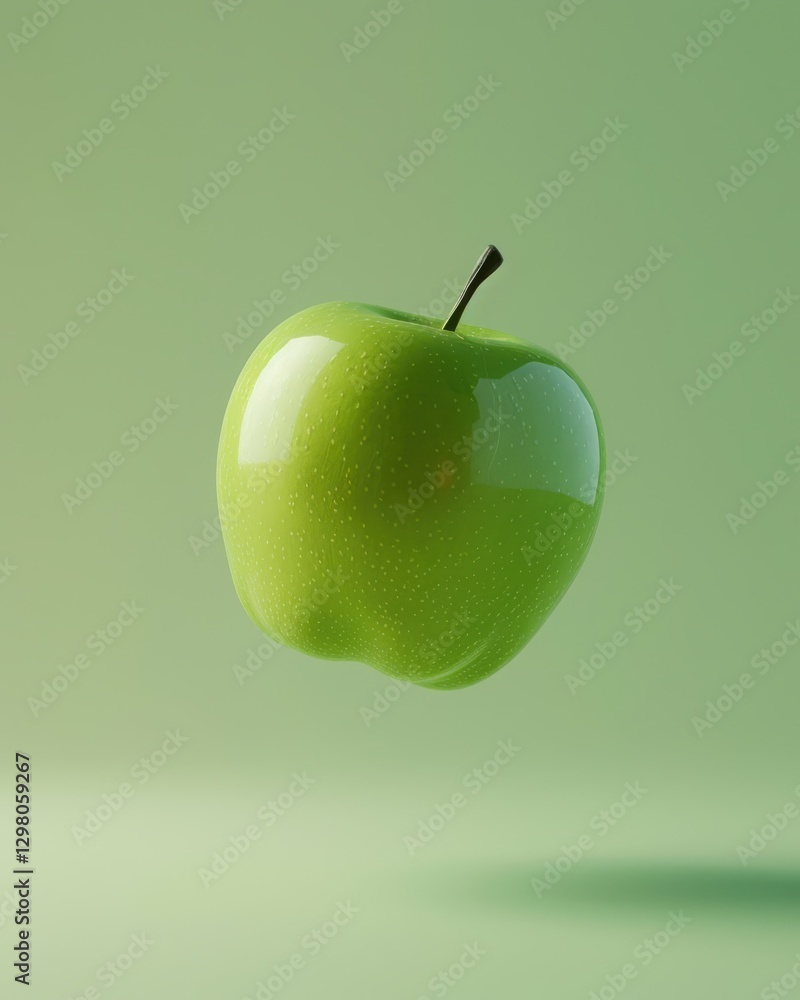 Obraz premium Crisp Green Apple in Mid-Air with Soft Reflections – Modern Minimalistic Gradient, Selective Focus