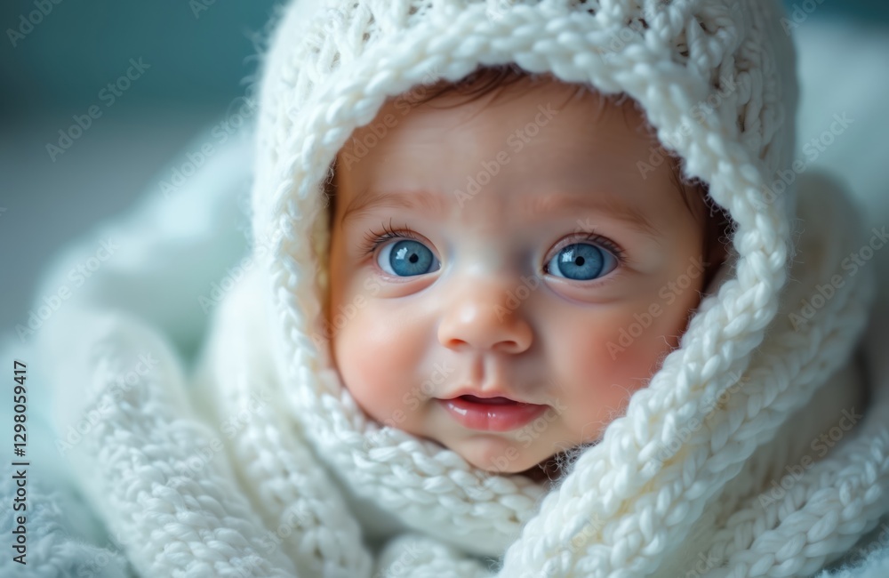 Newborn baby with big blue eyes wrapped in soft white knitted blanket. Infant with beautiful look. Macro portrait. Toddler on bed. Childhood innocence and beauty. Sweet little child happy smiling. Newborn baby with big blue eyes wrapped in soft white knitted blanket. Infant with beautiful look. Macro portrait. Toddler on bed. Childhood innocence and beauty. Sweet little child happy smiling.