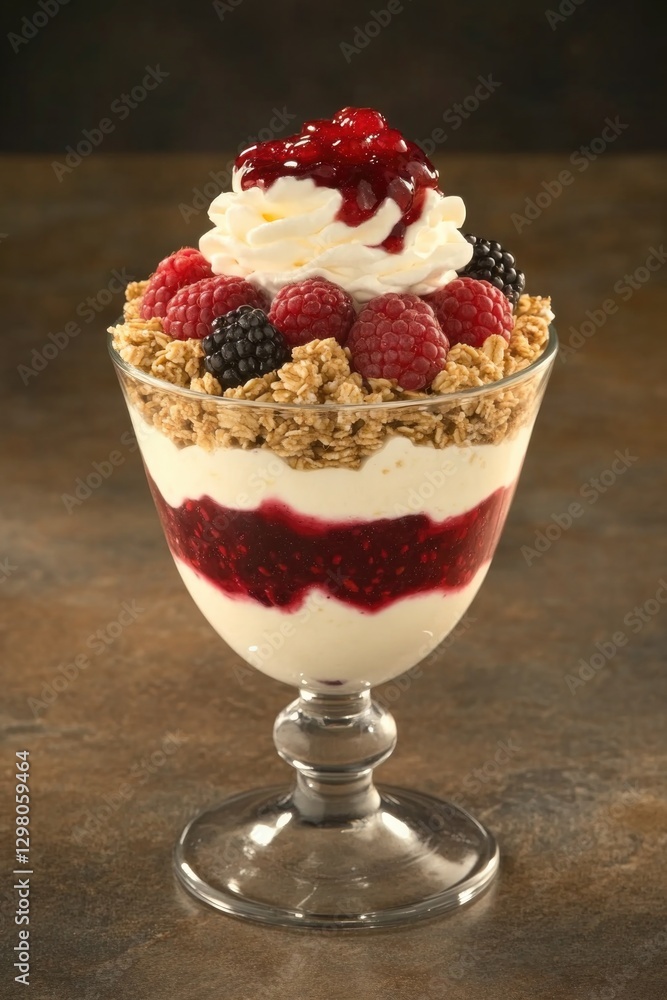 Delicious parfait layered with yogurt, berries, granola, and whi Delicious parfait layered with yogurt, berries, granola, and whi