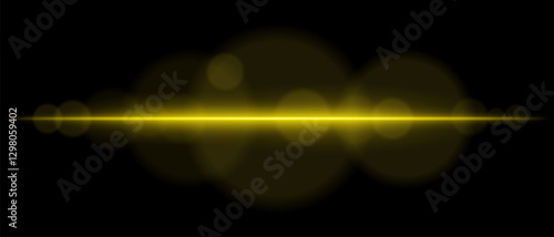 Abstract glowing yellow light streak on a dark background. A horizontal neon beam with radiant flare and bokeh effects creates a futuristic and dynamic energy glow