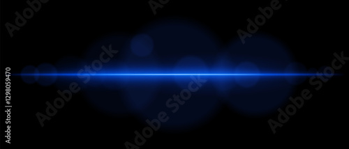 Abstract glowing blue light streak on a dark background. A horizontal neon beam with radiant flare and bokeh effects creates a futuristic and dynamic energy glow