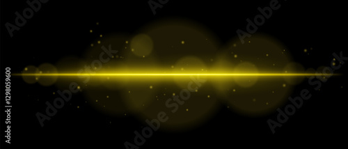 Abstract glowing yellow light streak on a dark background. A horizontal neon beam with radiant flare, bokeh effects, and floating particles creates a futuristic and dynamic energy glow