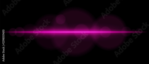 Abstract glowing pink light streak on a dark background. A horizontal neon beam with radiant flare and bokeh effects creates a futuristic and dynamic energy glow
