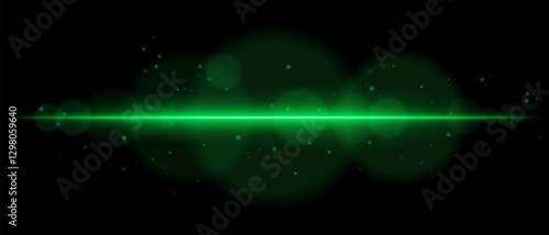 Abstract glowing green light streak on a dark background. A horizontal neon beam with radiant flare, bokeh effects, and floating particles creates a futuristic and dynamic energy glow