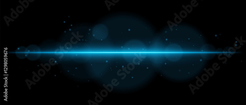 Abstract glowing blue light streak on a dark background. A horizontal neon beam with radiant flare, bokeh effects, and floating particles creates a futuristic and dynamic energy glow