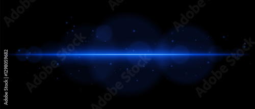 Abstract glowing blue light streak on a dark background. A horizontal neon beam with radiant flare, bokeh effects, and floating particles creates a futuristic and dynamic energy glow