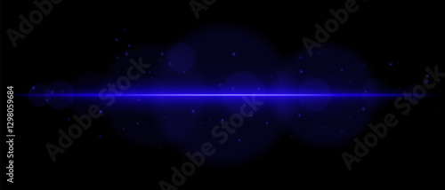 Abstract glowing blue light streak on a dark background. A horizontal neon beam with radiant flare, bokeh effects, and floating particles creates a futuristic and dynamic energy glow