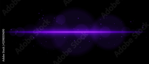 Abstract glowing purple light streak on a dark background. A horizontal neon beam with radiant flare, bokeh effects, and floating particles creates a futuristic and dynamic energy glow