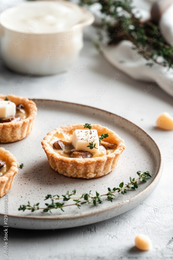 Mushroom tartlets with soft cheese and thyme Light airy editing style with minimal contrast soft, diffused glow, highlighting natural beauty freshness of ingredients for harmonious elegant aesthetic Mushroom tartlets with soft cheese and thyme Light airy editing style with minimal contrast soft, diffused glow, highlighting natural beauty freshness of ingredients for harmonious elegant aesthetic
