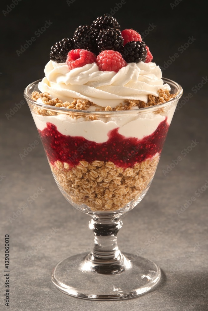 Layered dessert features creamy texture, vibrant berries, and cr Layered dessert features creamy texture, vibrant berries, and cr